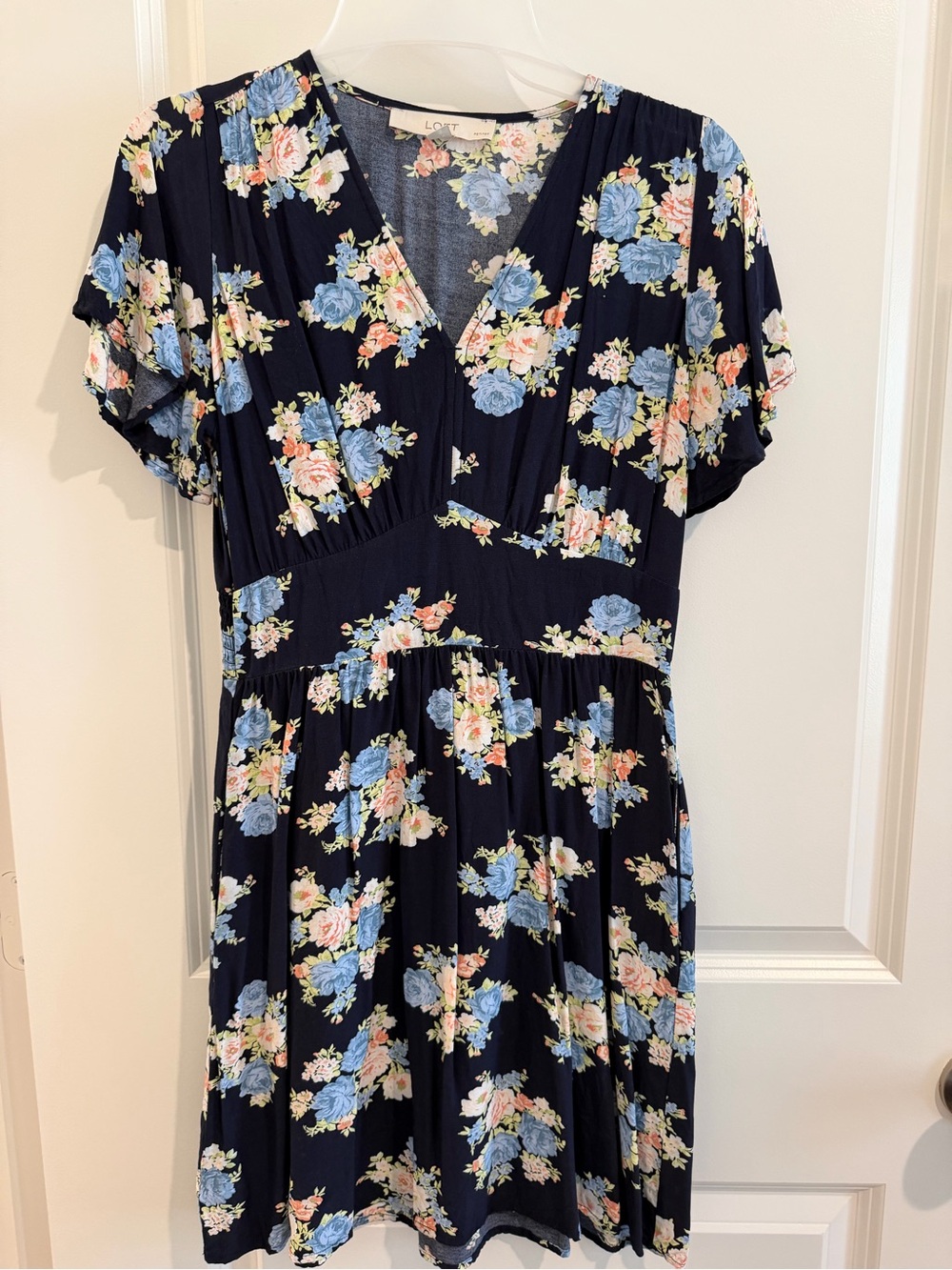 LOFT Navy Blue Floral V-Neck Short Sleeve Dress